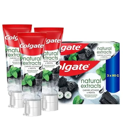 Colgate Creme Dental Vegano Natural Extracts Carvão e Menta, Dentes Mais Brancos, Sem Gluten, Com Flúor, 90g - 3 unidades