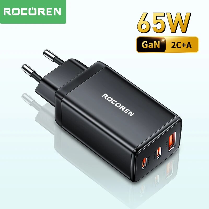 [Com Taxa] Carregador Rocoren GaN: 65W, carga rápida, iPhone e laptop.