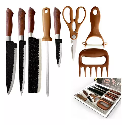 Jogo De Facas Chef Profissional 8 Pçs Cozinha Churrasco Inox Cor Marrom e Preto