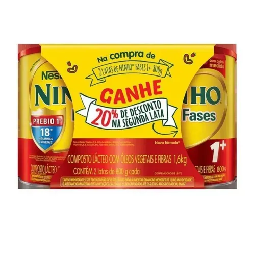 [LV02 R$ 46,16 cada 1.6 kg] Fórmula Infantil Ninho Fases 1+ Nestlé 1 a 3 anos Kit 2 unidades com 800g cada