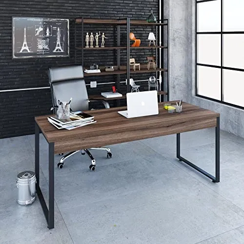 Mesa de Escritório Kuadra Diretor 180x70x75cm Nogal Home Office Estilo Industrial