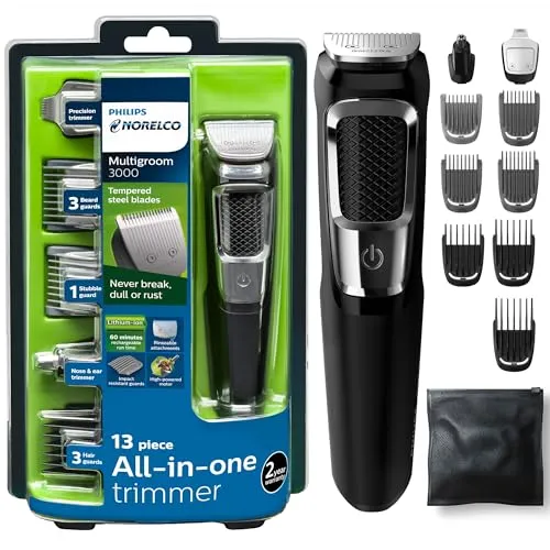 Philips Norelco Multigroomer Aparador All-in-One Série 3000, kit de cuidados masculinos com 13 peças, sem necessidade de óleo de lâmina