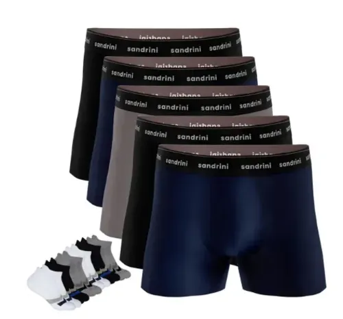 Kit 5 Cuecas Boxer Masculinas Adulto Box + 3 Pares Meias Original