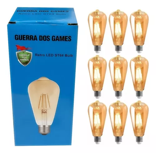 [R$72,65 Com Cashback Meli Dóllar] Kit 10 Lâmpadas LED Filamento Decorativa Retrô Vintage Âmbar - ST64 Amarelo Quente