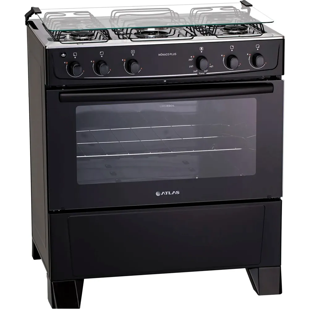 Fogão Atlas 5 Bocas Monaco Plus Automático Mesa Inox Forno 86,5 Litros