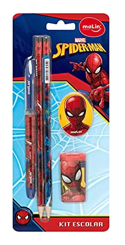 Kit Escolar Spiderman, Blister com 5 Itens, Molin 5180, Multicor
