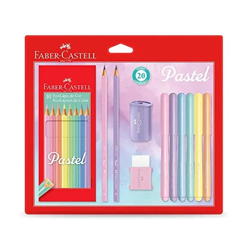 Kit Tons Pastel, Faber-Castell, KIT/PASTEL, KIT de 20, Lápis de Cor + Canetinhas + Borracha + Apontador + Grafite