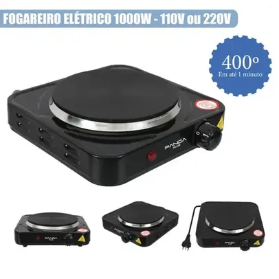 Fogão Elétrico Cooktop de Mesa 1 Boca 1000W, Design Moderno, Compacto e Portátil, Superfície de Fácil Limpeza, Controle de Temperatura Preto