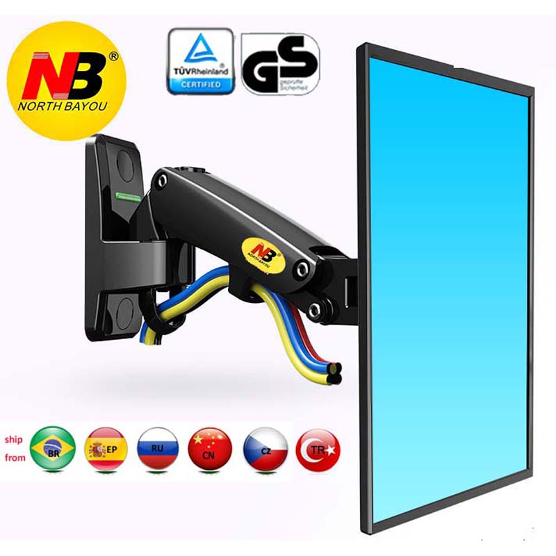 NB-Full Motion Monitor LCD Wall Mount, Bracket Braço Prata, rotação 360, Gás Spring, TV Stand, 17-27