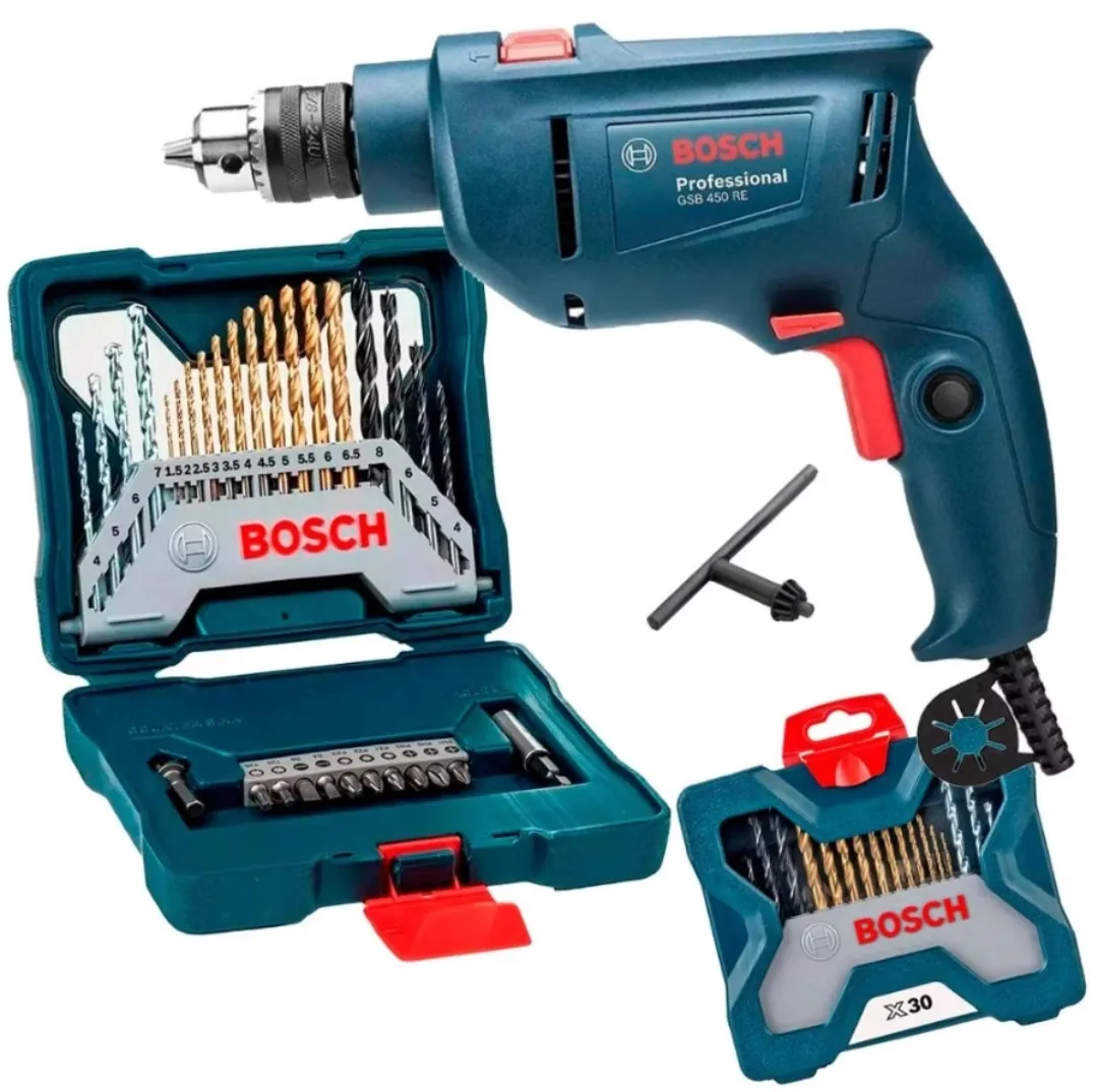 Furadeira Industrial Impacto 3/8 Reversão 450W GSB 450RE + Estojo 30 Peças X-Line BOSCH