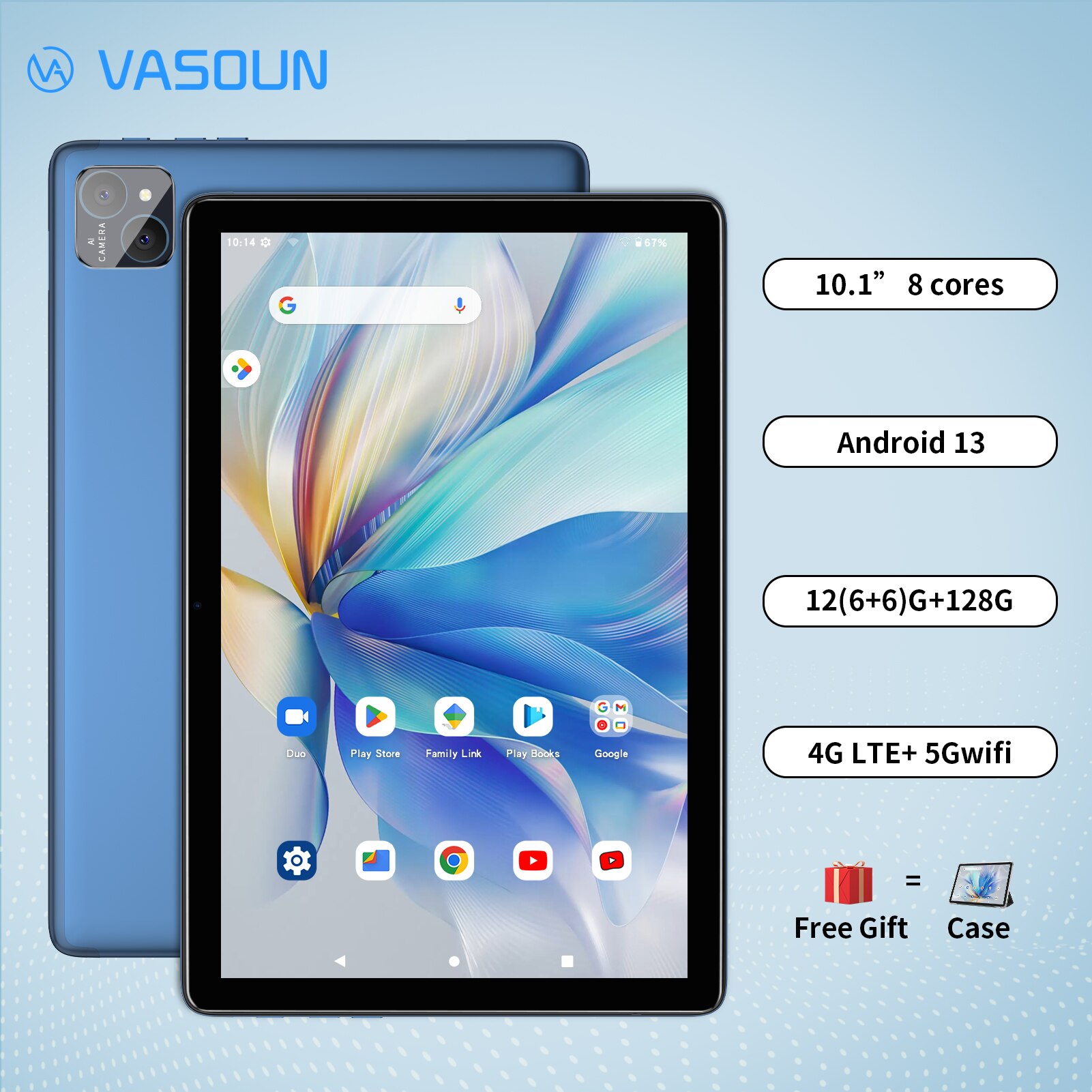 VASOUN Android 14 Tablet 10.1 ", 12GB(6 + 6 Expandir) RAM, 128GB ROM, Octa Core, Dual SIM 4G desbloqueado com 2.4G/5G WiFi GPS