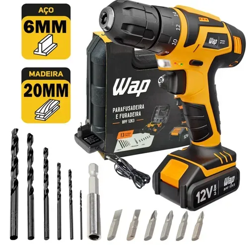 Parafusadeira Furadeira Sem Fio 12V Com Maleta Brocas e Acessórios BPF 12K3 Wap