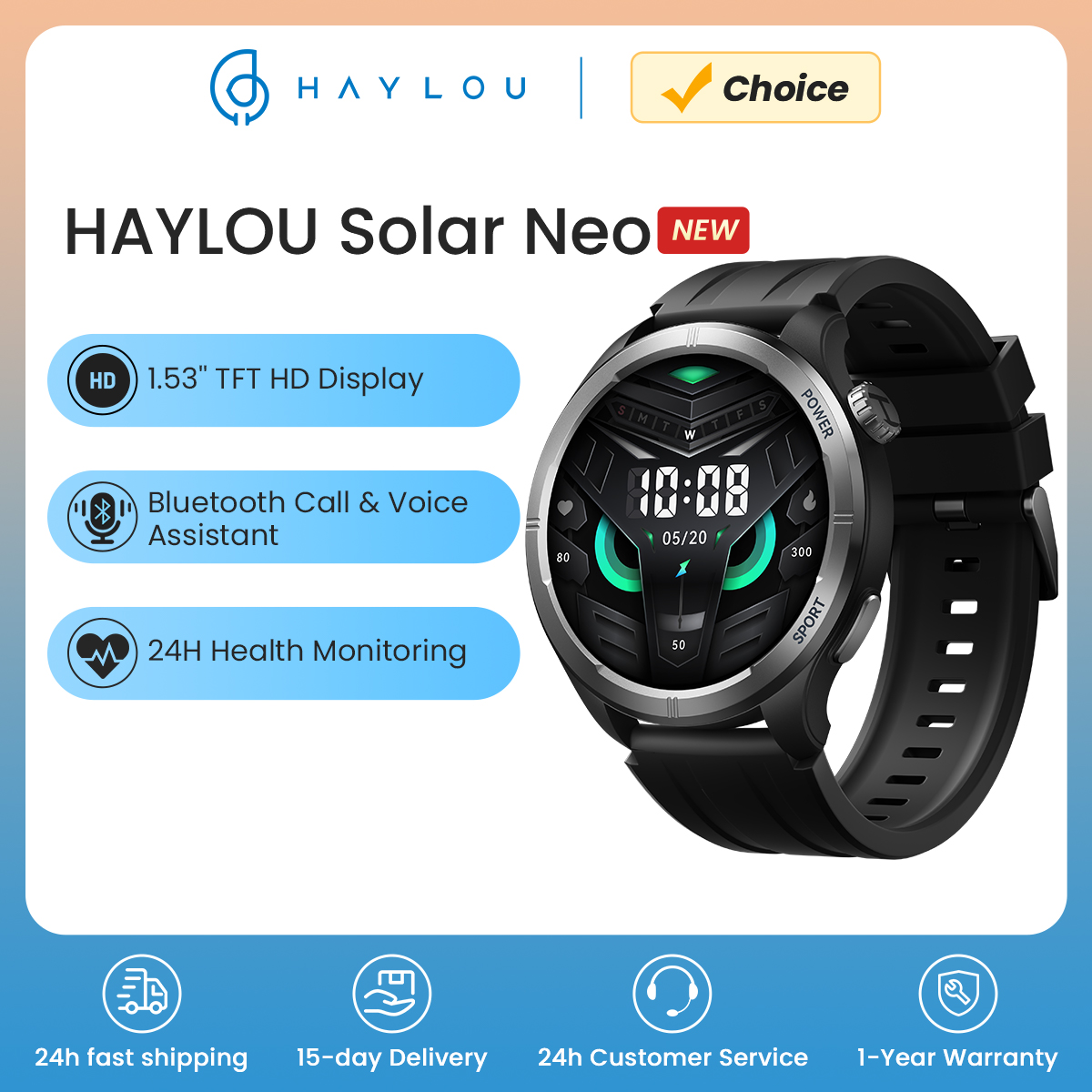 [TX Inclusa] Smartwatch HAYLOU Solar Neo com Tela HD de 1,53", Ligações por Bluetooth, Bluetooth 5.3 e Assistente de Voz