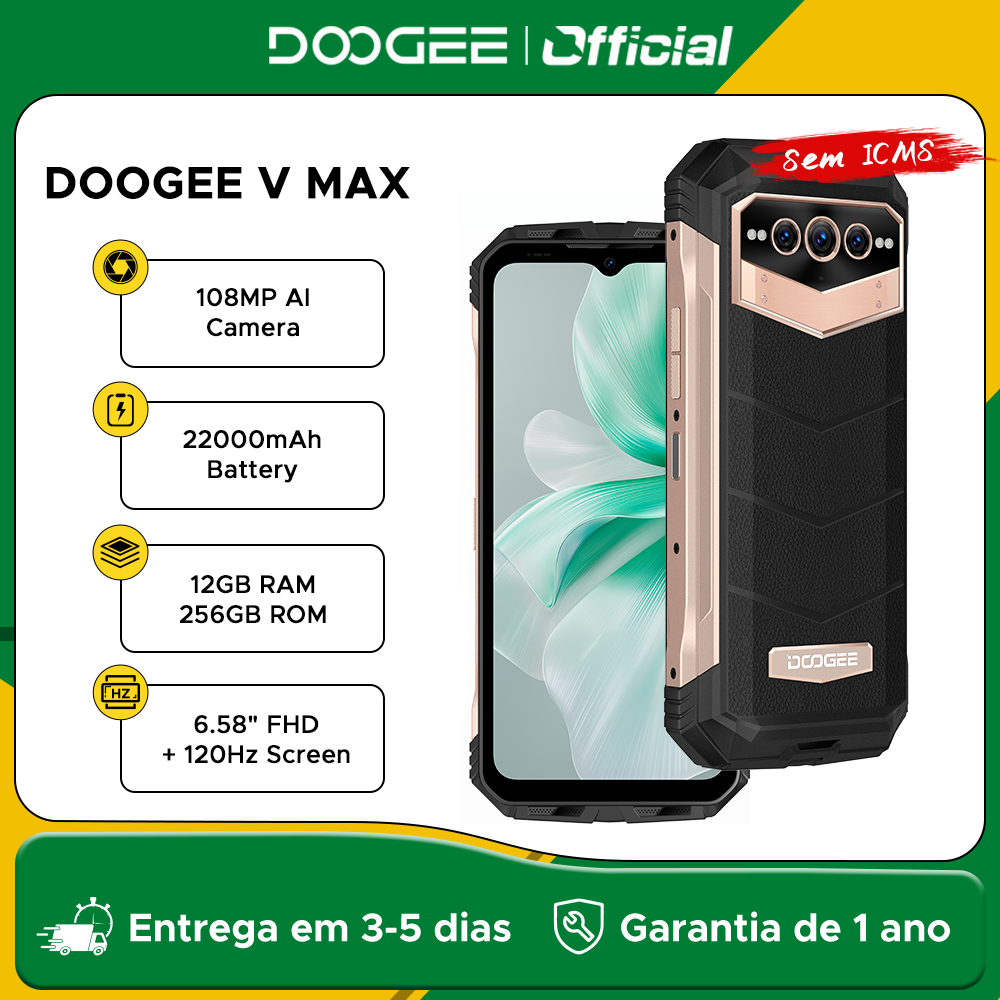 [DO BRASIL] (MOEDAS R$2466) Doogee v max 5g Smartphone robusto 22000mah 12gb + 256gb telemóvel 108mp câmera telefone 120hz Dimensity 1080