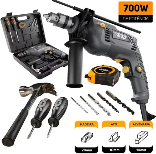 Parafusadeira e Furadeira de Impacto WF 700K10 Mandril de 3/8" Potência de 700W + Maleta Acessórios