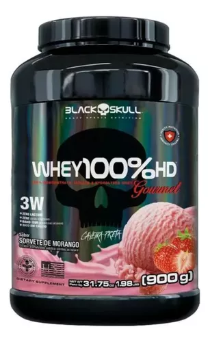Suplemento Whey 100% Hd Gourmet 900g Pote Black Skull Sabor Sorvete De Morango