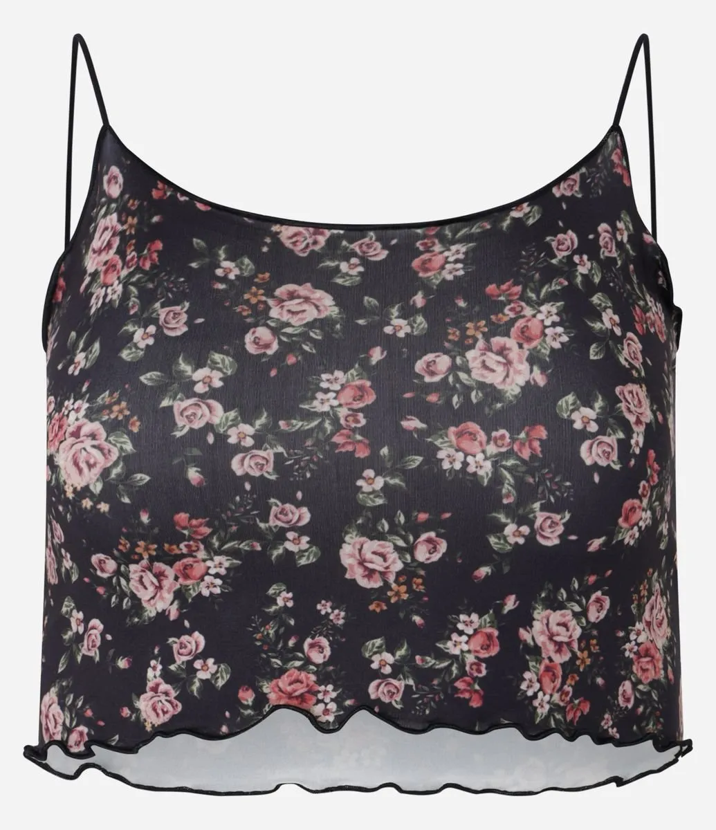 Blusa Cropped de Alça em Microfibra com Flores Estampadas Preto