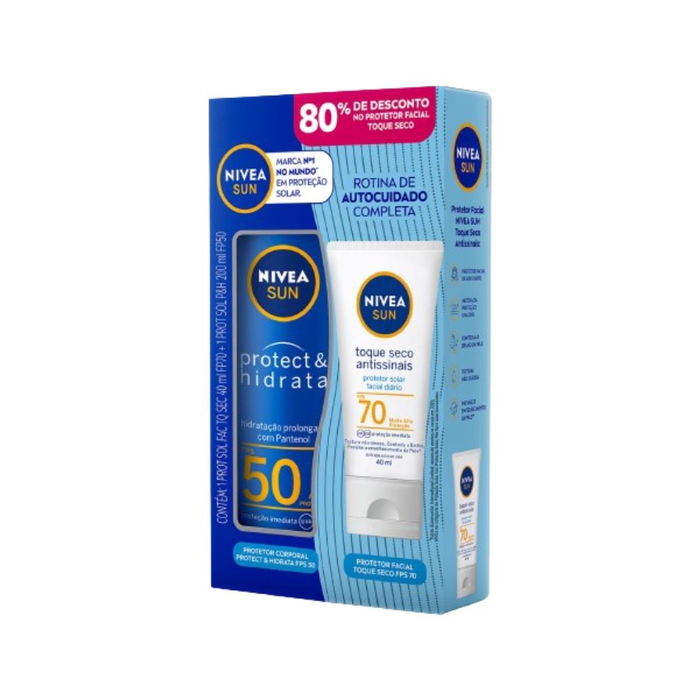 Kit Nivea Sun Protetor Solar Corporal Protect Hidrata Fps 50 200ml + Protetor Solar Facial Antissinais Fps 70 40ml