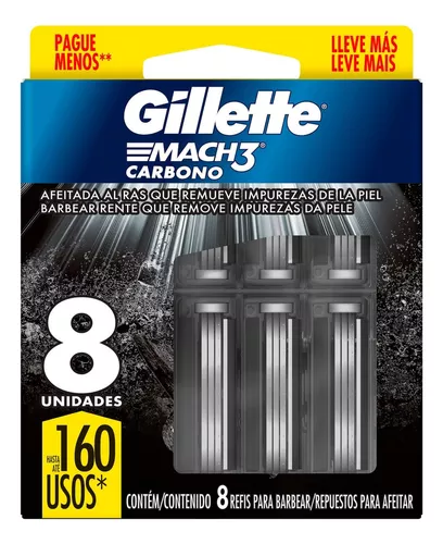 Refils Para Barbear Mach3 Carbono Carga Para Aparelho De Barbear Com Carvão Ativado 8 Unidades Gillette