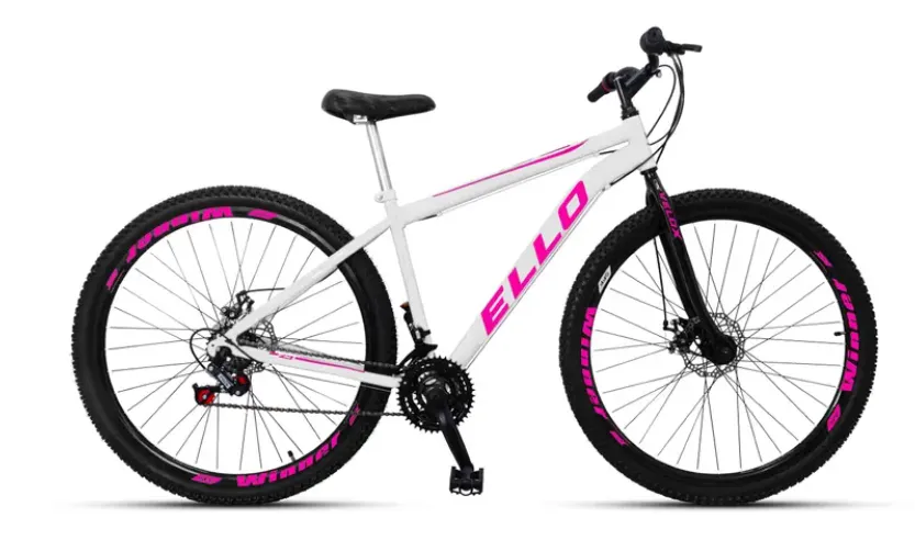 Bicicleta Aro 29 Shimano Freio a Disco 21M. Velox Branca/Pink - Ello Bike