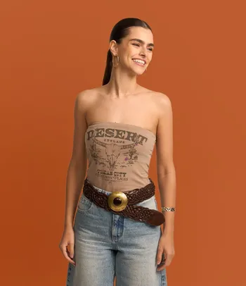 Blusa Cropped Tomara que Caia com Barra em V e Estampa Texas City Marrom Claro