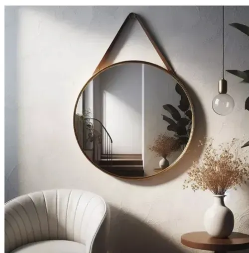 Espelho Redondo Adnet 30cm Com Alça + Suporte e Pendurador Ideal Para Sala / Banheiro / Quarto