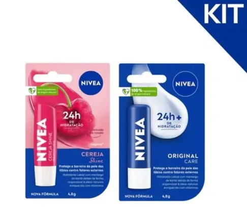 Kit NIVEA Hidratante Labial Original Care 4,8g + Protetor Labial Cereja Shine 4,8g