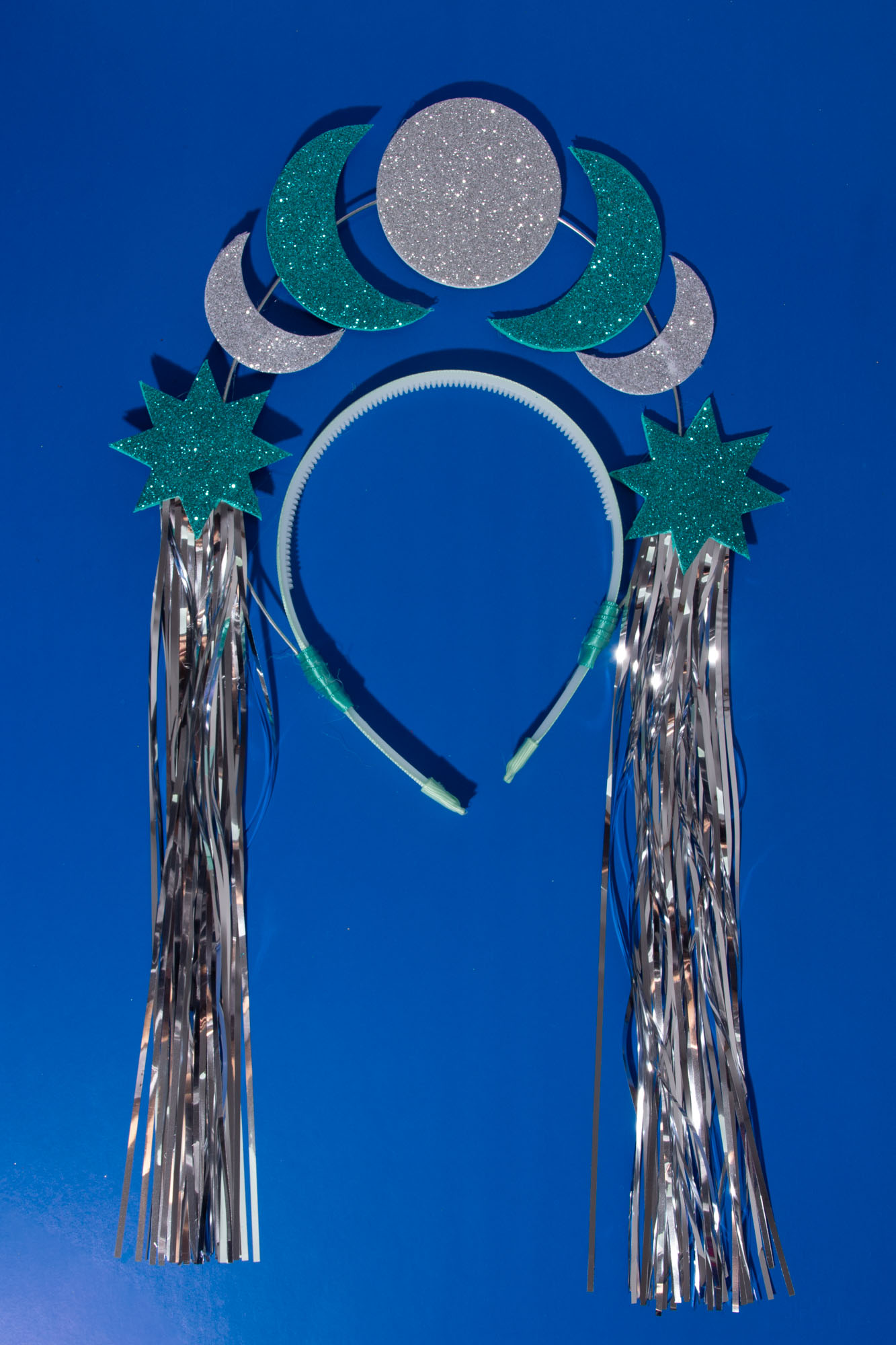 Tiara De Carnaval Fases da Lua Turquesa e Prata Com Fitilhos