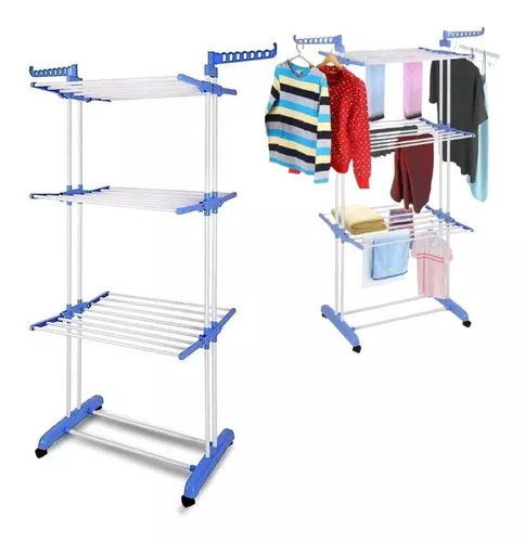 Varal De Chão Roupas Grande Dobrável Varal Triplo Retrátil 3 Andares Cor Inox/Azul