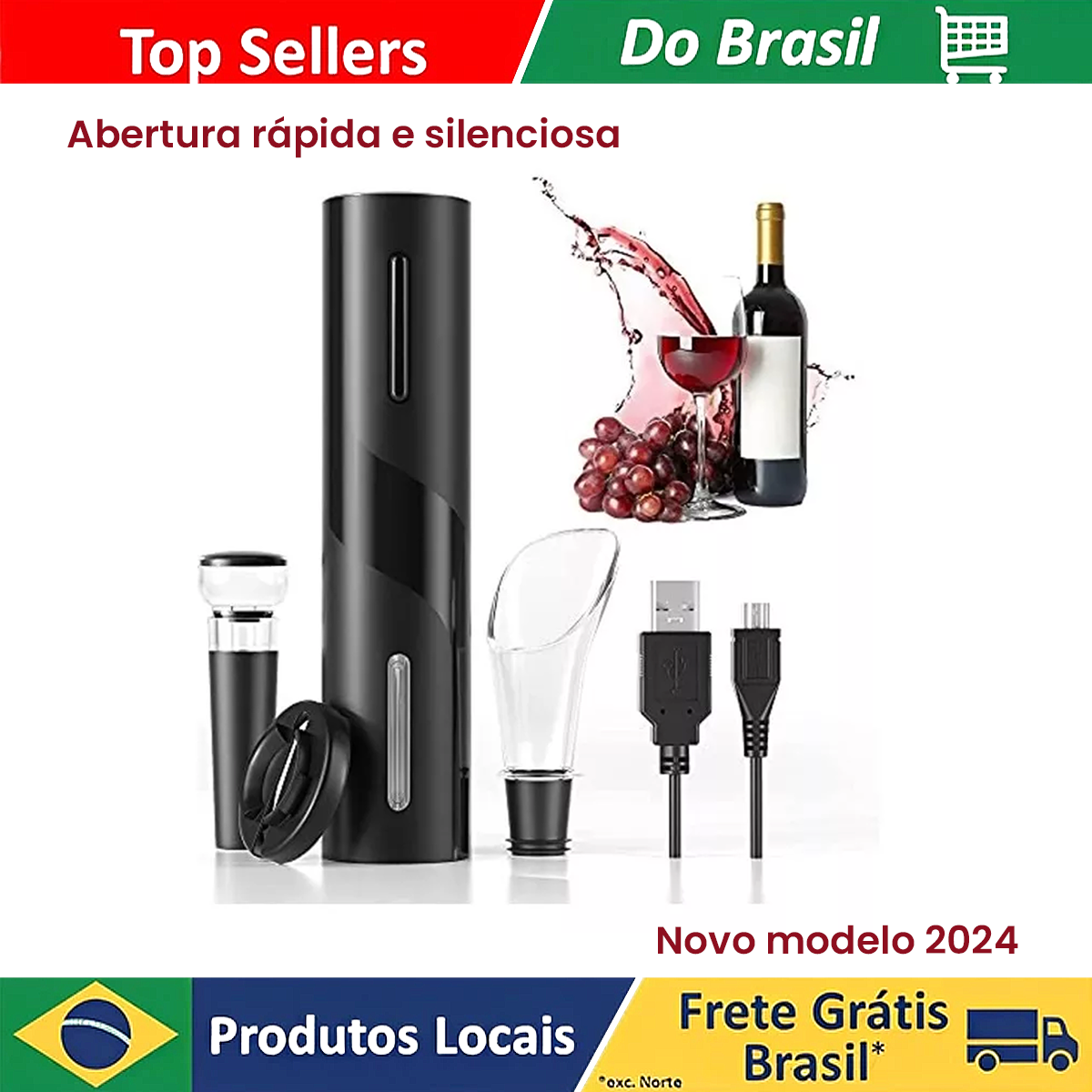 [R$22 "MOEDAS"/BR] Saca Rolhas Abridor De Vinho Recarregável Automático Elétrico Kit Especial #Aliexpress 🇧🇷