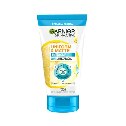 (REC)(+ Por - R$11,50)Garnier Sabonete Facial 3 em 1 Uniform & Matte Antiacne, Esfolia Levemente, com Ação Antiacne, Antimarcas e Antioleosidade, 120g