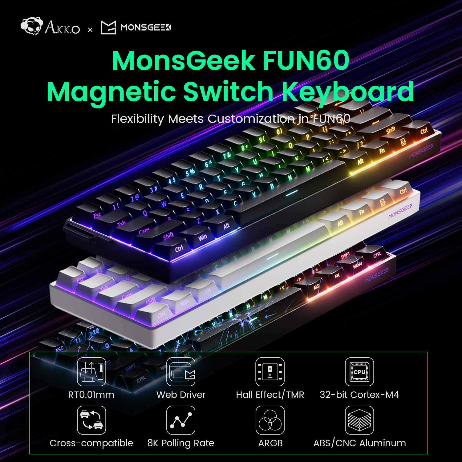 Akko MonsGeek FUN60 Teclado Mecânico Interruptor Magnético 60% Teclados para Jogos Gatilho Rápido 0.01mm 8K ARGB HE