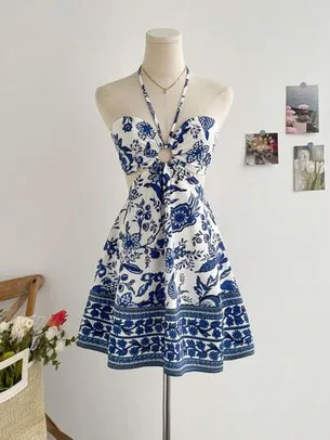 Vestido Romântico Casual com Flores Azuis e Brancas