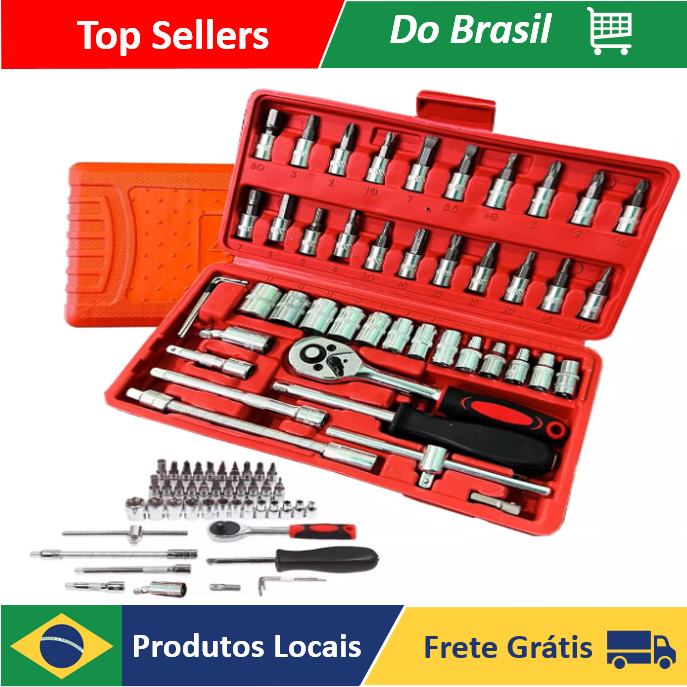 [R$16,78 Moedas/BR] KIT Chaves Jogo Catraca Reversível Soquetes 46 Peças c/Maleta - AliExpress 1420