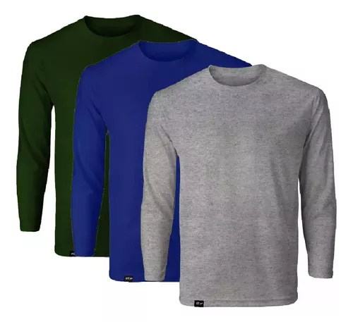 Kit 3 Camisetas Masculinas Básicas Manga Longa Slim Fitness