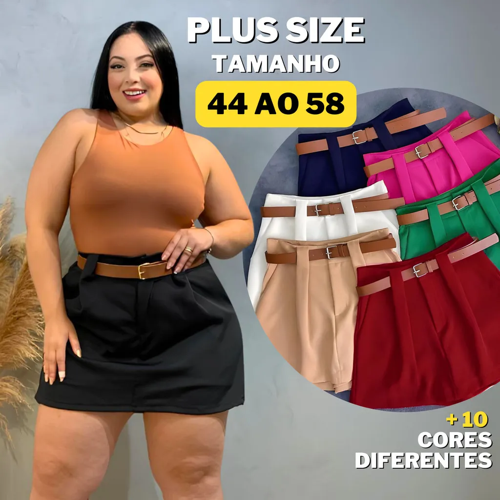 Short Saia Plus Size Alfaiataria Com Cinto Tamanho 36 Ao 42