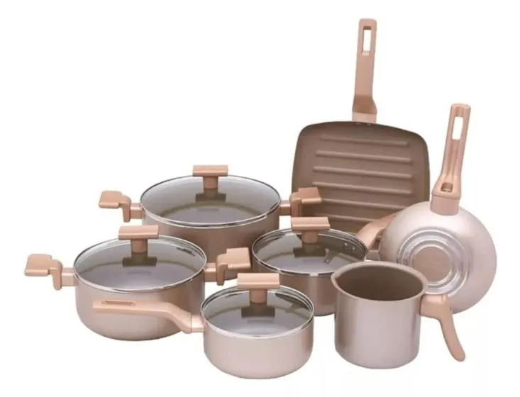 Conjunto De Panelas Sartin Champagne 7 Peças Cerâmica Mimo Style