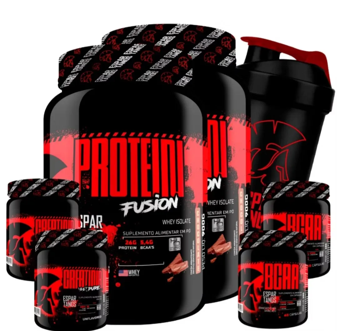 Kit 2x Whey Protein Fusion 900g + 2x Bcaa 3:1:1 60 Cáps + 2x Creatina 100% + Coqueteleira