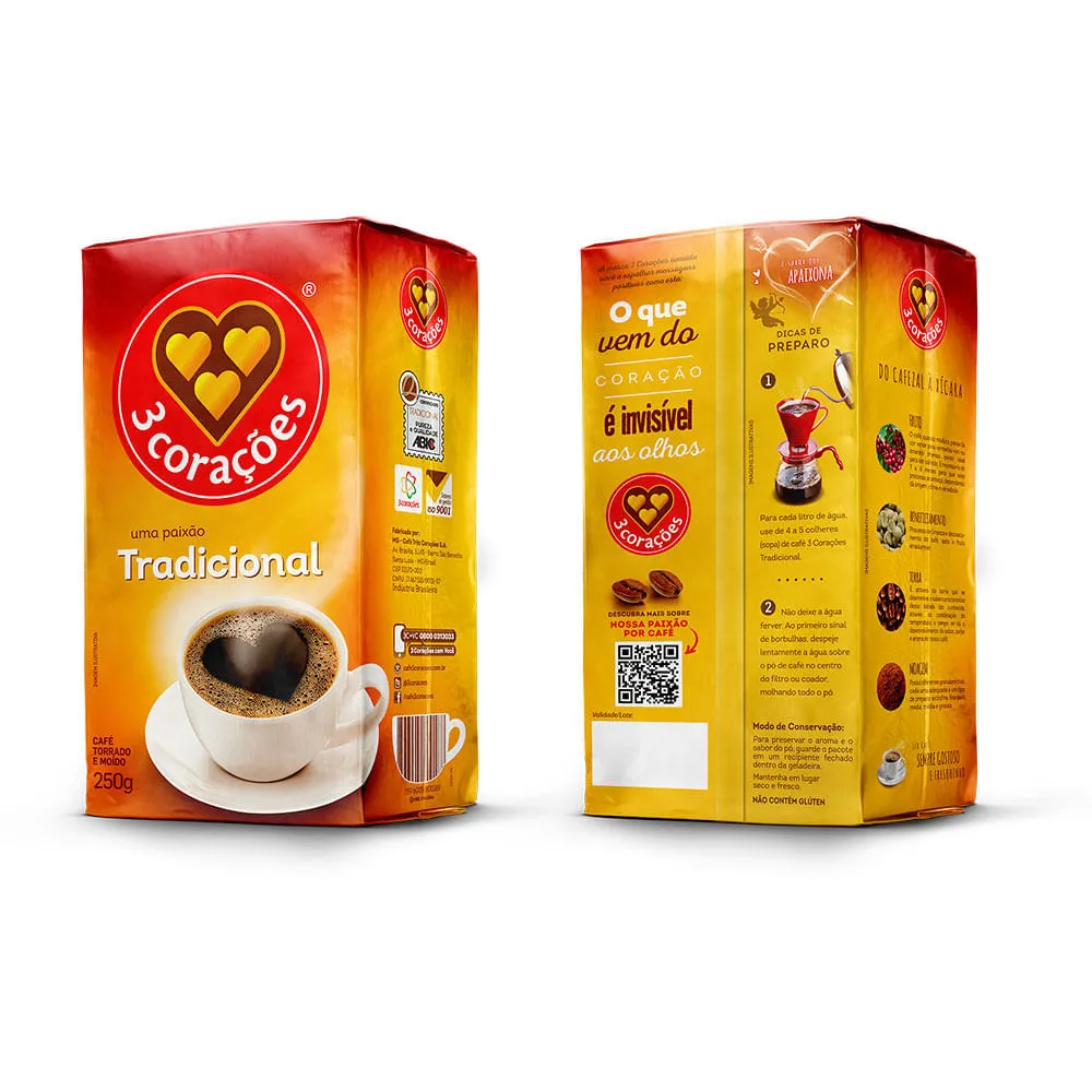 Café torrado e moído tradicional à vácuo 3 corações 250g