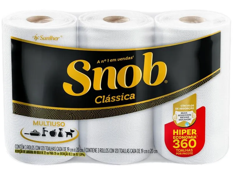 Papel Toalha Folha Dupla Santher Snob Clássica 3 Unidades 360 Folhas