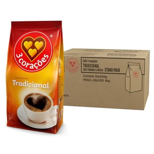 [Rec] 3 Corações Café Torrado e Moído Tradicional, Pacote 500g - 10 unidades