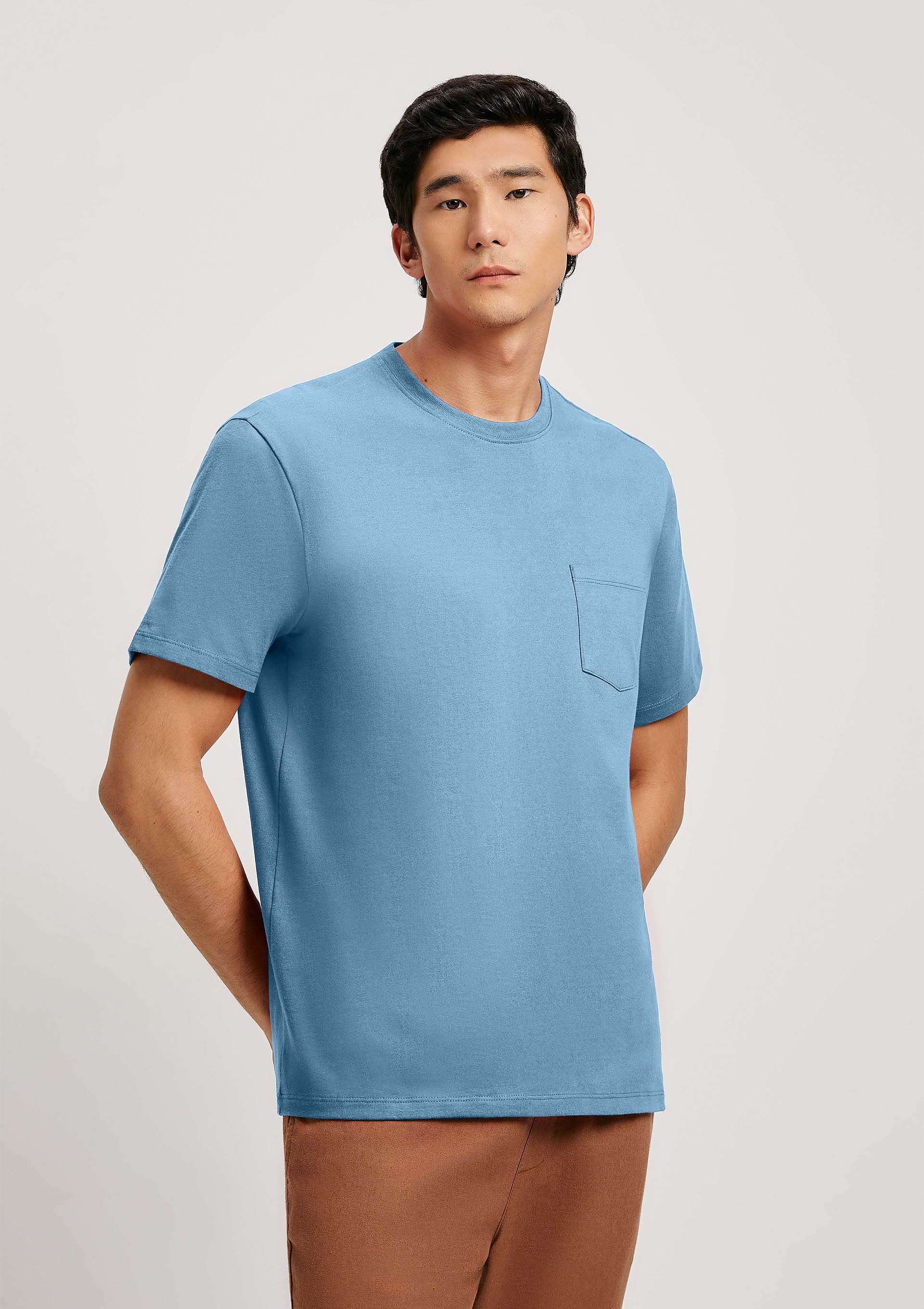 Camiseta Básica Masculina Comfort Super Cotton Com Bolso - Azul