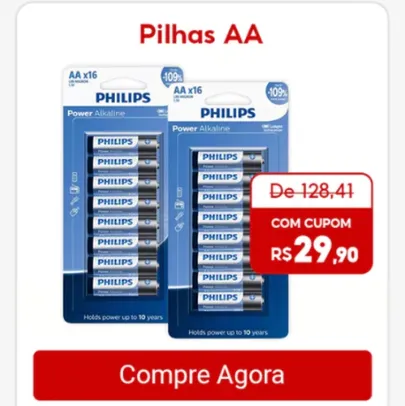 Pilha Alcalina AA Philips Bateria 2A Kit com 32 Unidades