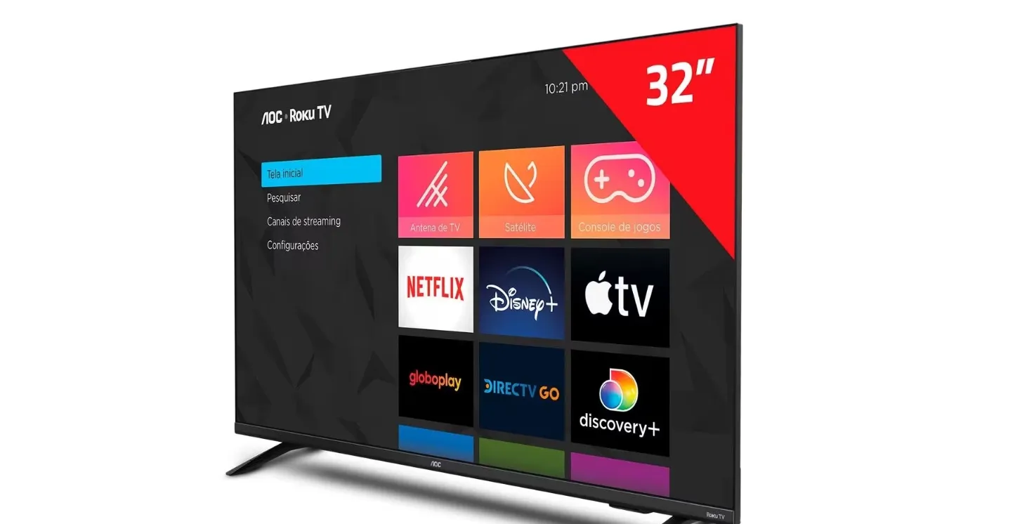 Smart TV 32 aoc HD Roku tv, Dolby Digital, Comando de Voz, Processador Quad Core - 32S5135/78G