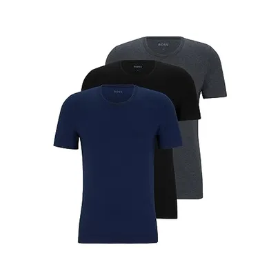 BOSS Kit 3 camisetas masculinas de algodão Jersey com logotipo clássico, Azul marinho cinza escuro preto, M