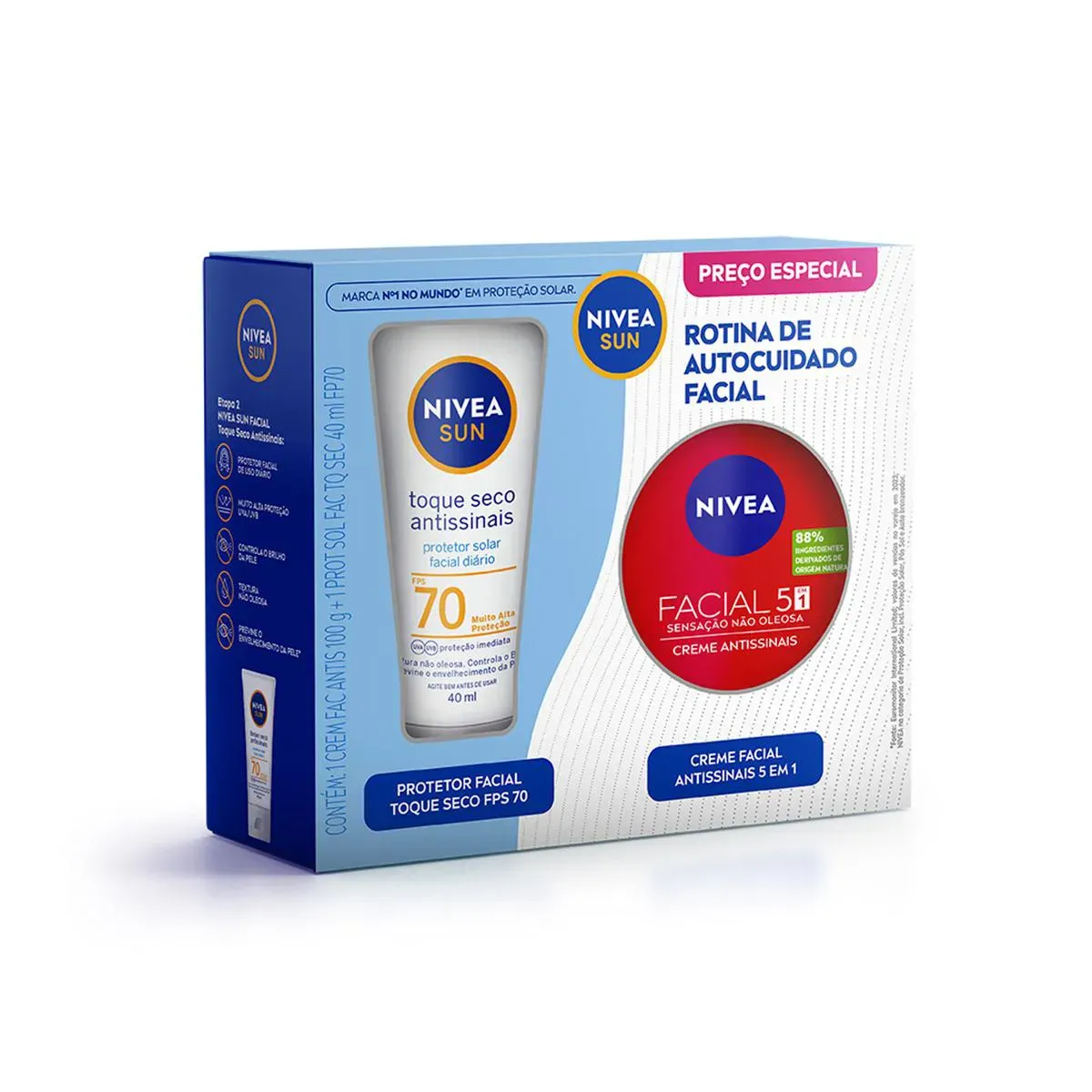 Kit Nivea Sun Rotina de Autocuidado Facial Protetor Solar FPS70 40ml + Creme Antissinais 100g