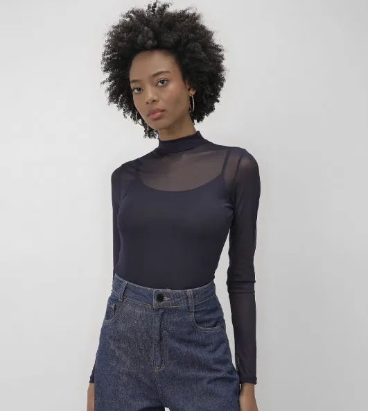 Blusa feminina tule manga longa gola alta - Azul Noite | AK by Riachuelo