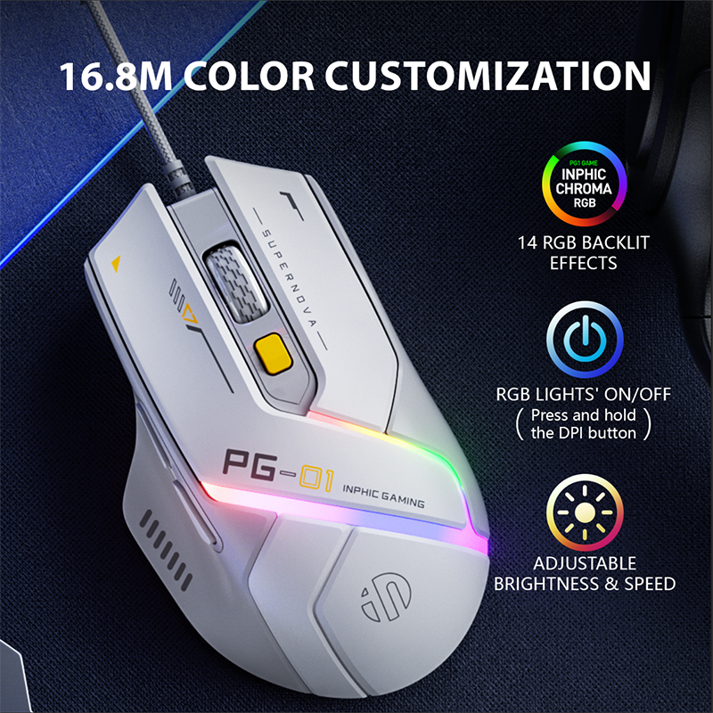 (MOEDAS R$ 67,51) INPHIC-PG1 Mouse Gamer Cabeado Ergonômico E-Sports RGB,Macro + 1000 Return Rate