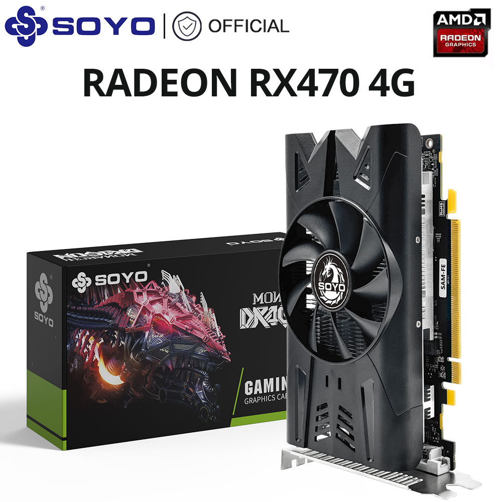SOYO-AMD Radeon RX470 4G Placa gráfica, Memória GDDR5, 256Bit, Placa de jogo, PCIE3.0 x 16, DP, DVI, HDMI