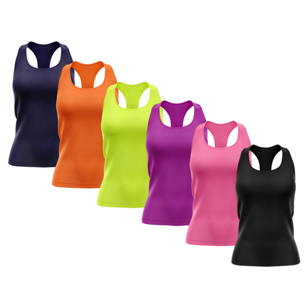 Kit 6 Regatas Nadador Feminina Dry Fit Proteção Solar UV Fitness Academia Treino Blusinha